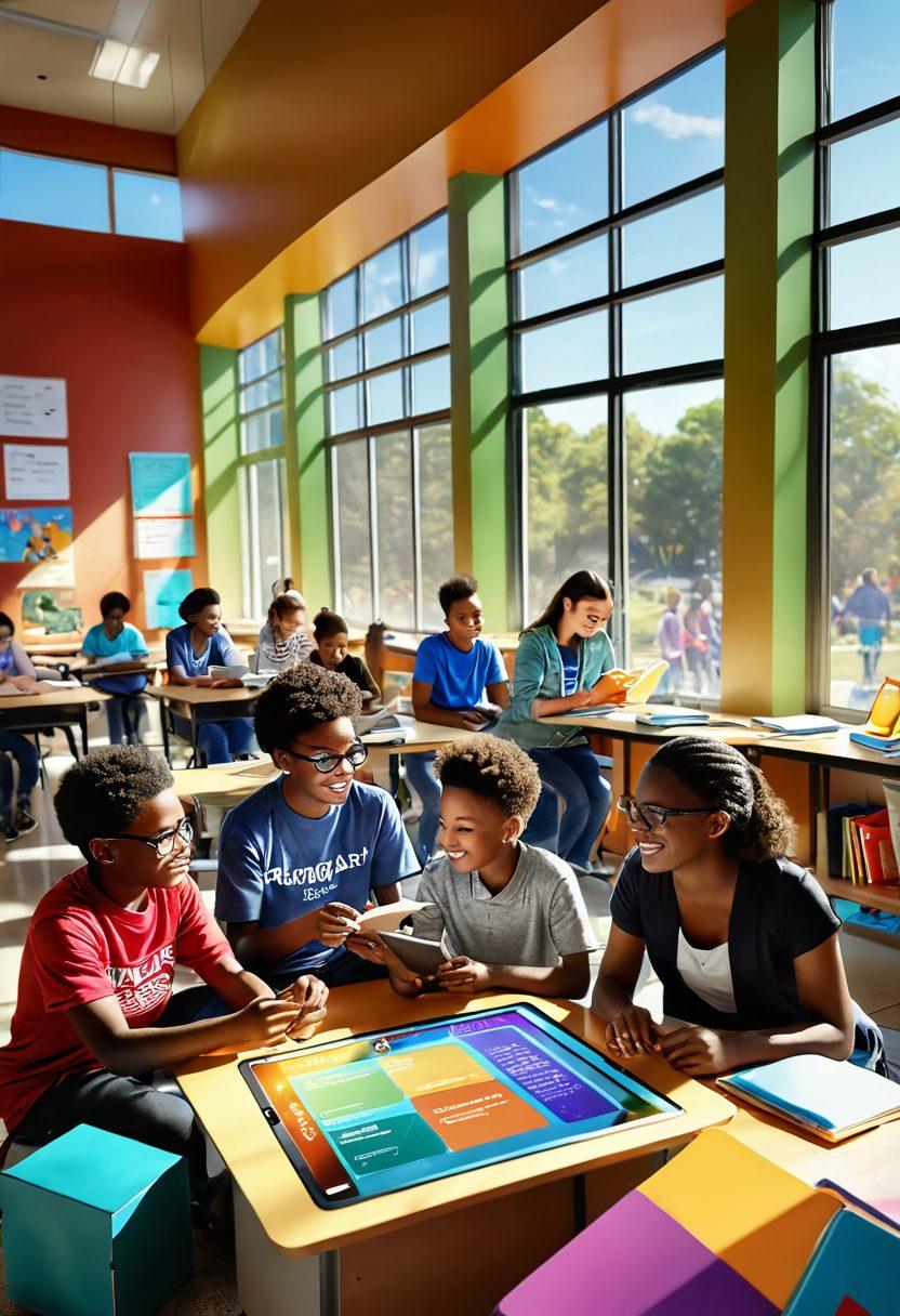A dynamic classroom scene with diverse students engaged in various learning activities, surrounded by colorful educational materials like books, tablets, and interactive displays. Include elements of excitement and collaboration, such as a group discussing a project and another student exploring a virtual learning module. Bright and inviting atmosphere with a blend of sunlight streaming through windows. super-realistic. vibrant colors. 3D.