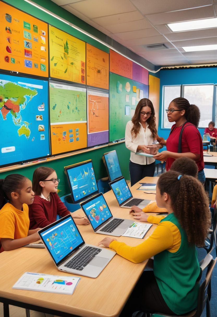 A vibrant classroom scene showcasing diverse students engaged in interactive learning through technology, hands-on activities, and collaborative work. Include colorful charts and educational tools on the walls, with a teacher facilitating creatively. The environment should feel dynamic and inspiring. super-realistic. vibrant colors. educational theme.