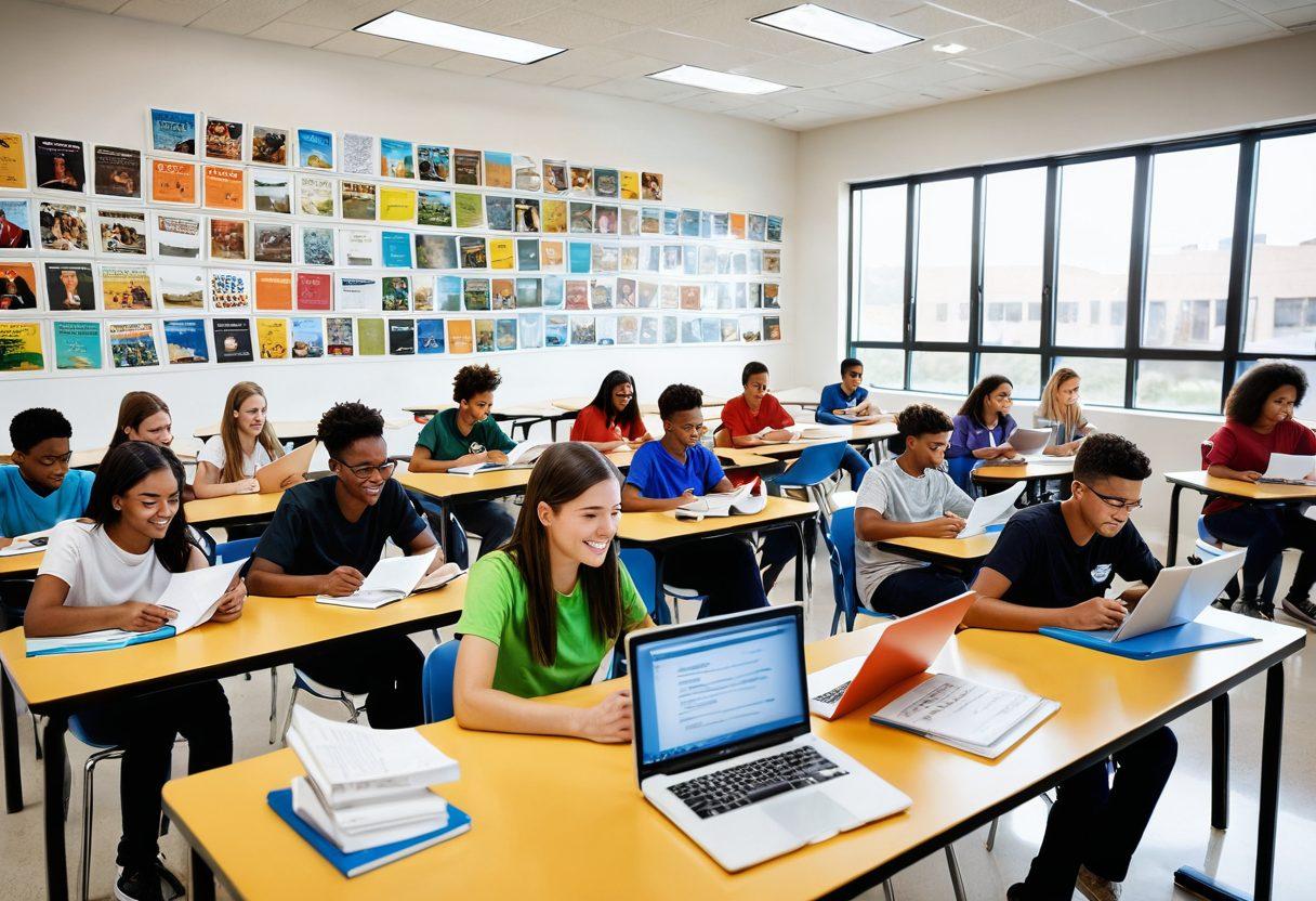 A dynamic scene depicting diverse students engaging with various resources like books, laptops, and study groups in a bright, modern learning environment. Include elements of academic achievement such as diplomas and motivational posters on the walls. Highlight collaboration and enthusiasm for learning with vibrant expressions. super-realistic. vibrant colors. white background.